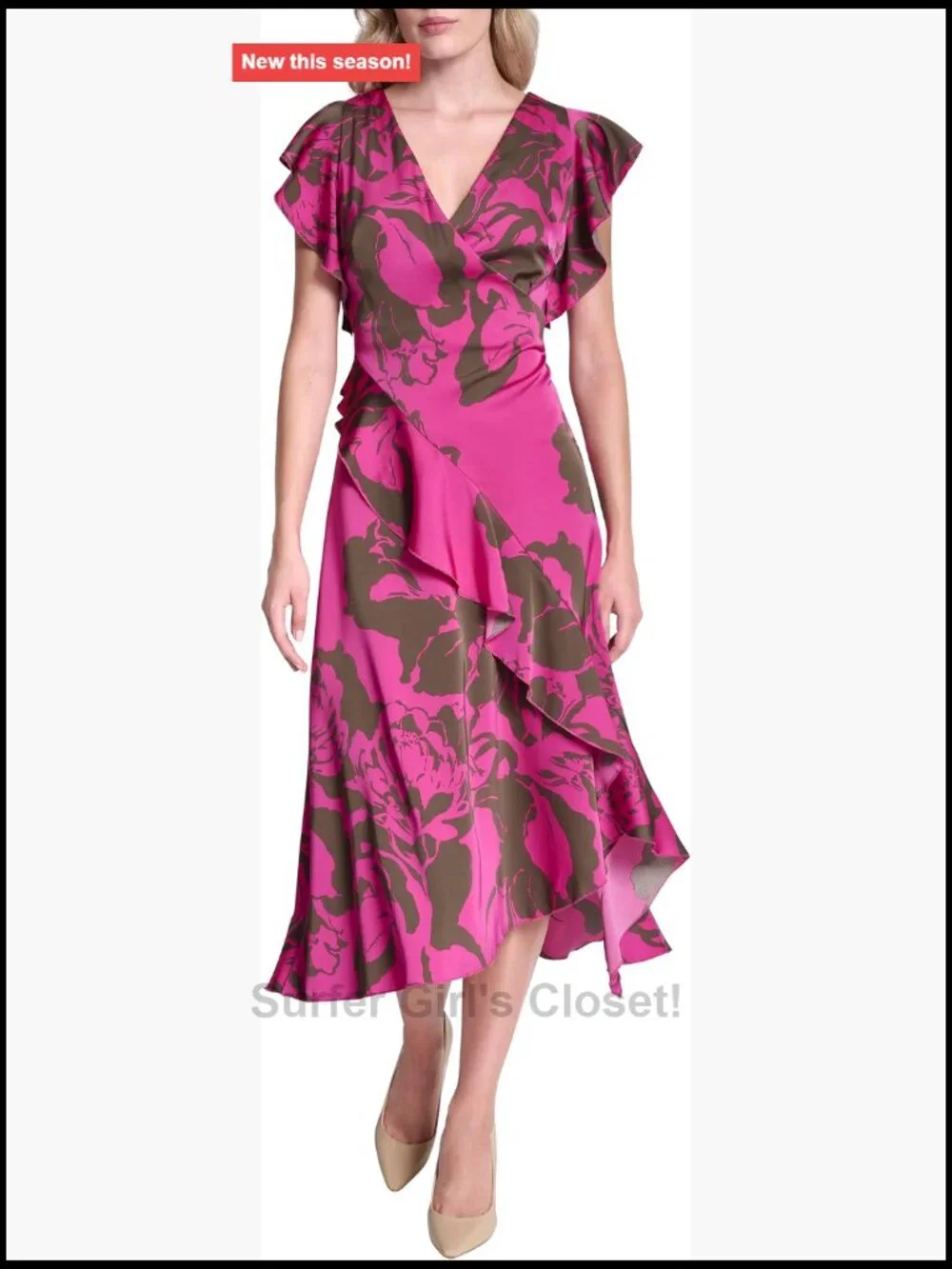 DKNY Ruffle Cap Sleeve Surplice Neck Fit and Flare Midi Dress